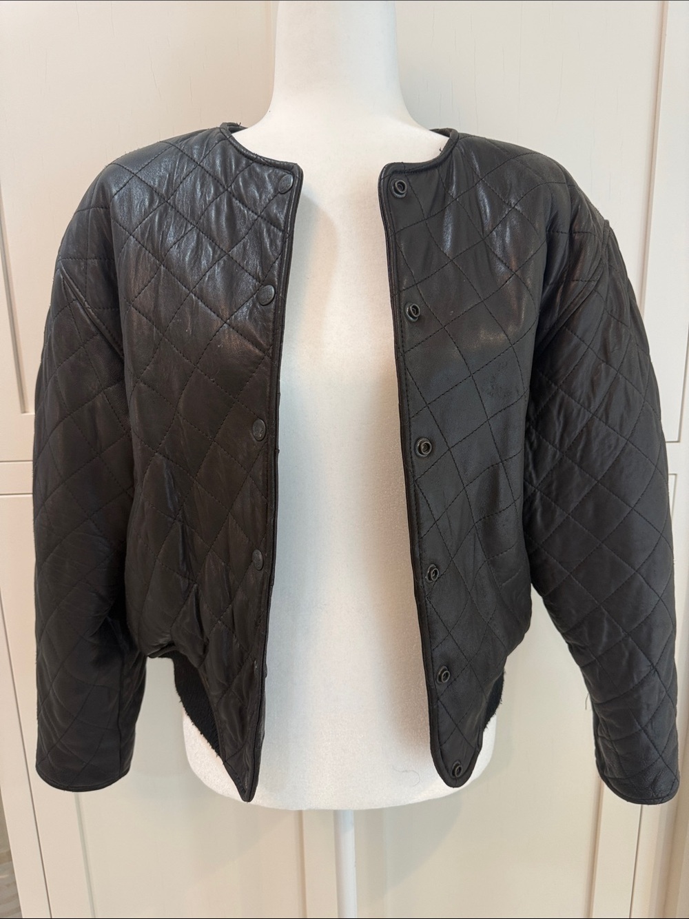 Vintage Express Oversized Black Quilted Leather Bomber Jacket